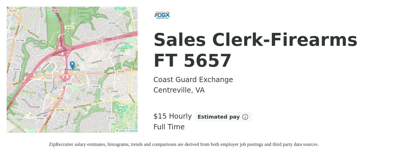 Coast Guard Exchange job posting for a Sales Clerk-Firearms FT 5657 in Centreville, VA with a salary of $16 Hourly with a map of Centreville location.