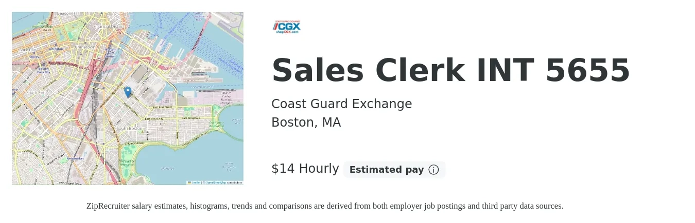 Coast Guard Exchange job posting for a Sales Clerk INT 5655 in Boston, MA with a salary of $15 Hourly with a map of Boston location.