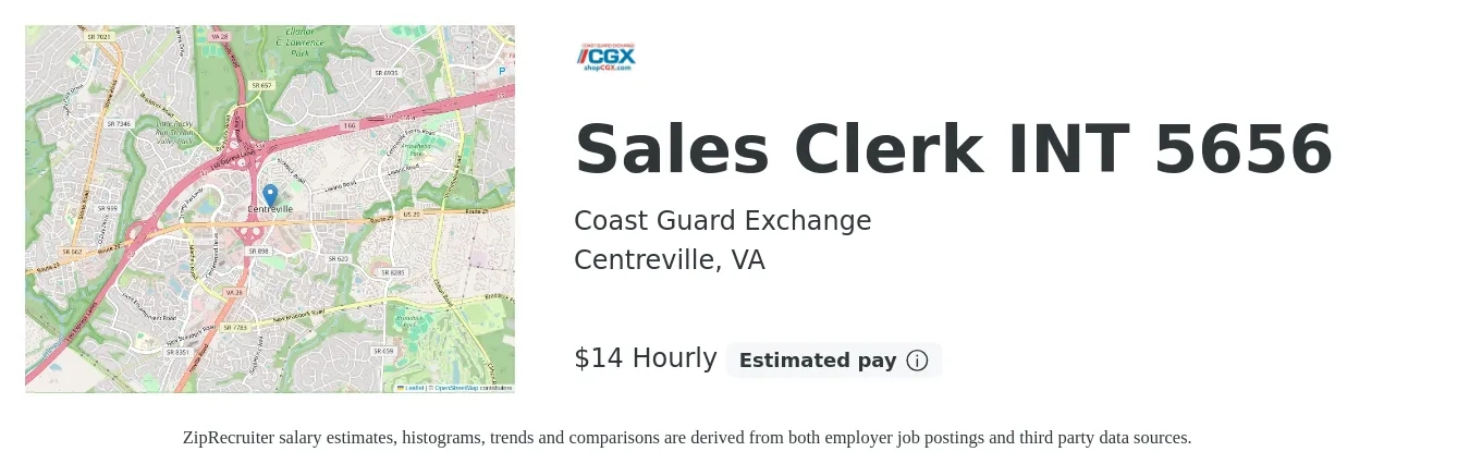 Coast Guard Exchange job posting for a Sales Clerk INT 5656 in Centreville, VA with a salary of $15 Hourly with a map of Centreville location.