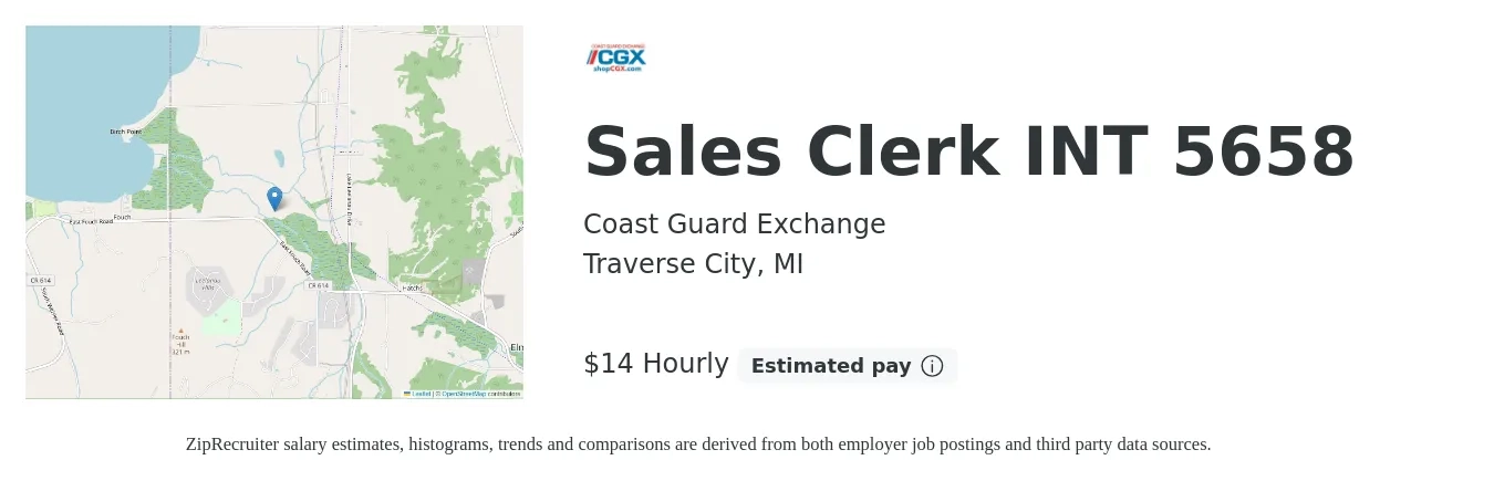 Coast Guard Exchange job posting for a Sales Clerk INT 5658 in Traverse City, MI with a salary of $15 Hourly with a map of Traverse City location.