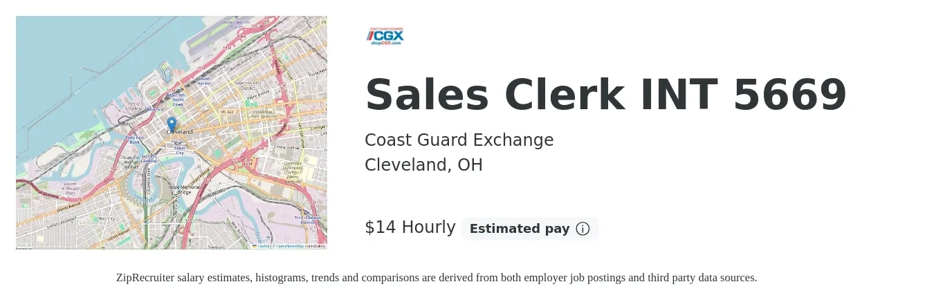 Coast Guard Exchange job posting for a Sales Clerk INT 5669 in Cleveland, OH with a salary of $15 Hourly with a map of Cleveland location.