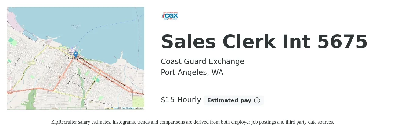 Coast Guard Exchange job posting for a Sales Clerk Int 5675 in Port Angeles, WA with a salary of $16 Hourly with a map of Port Angeles location.