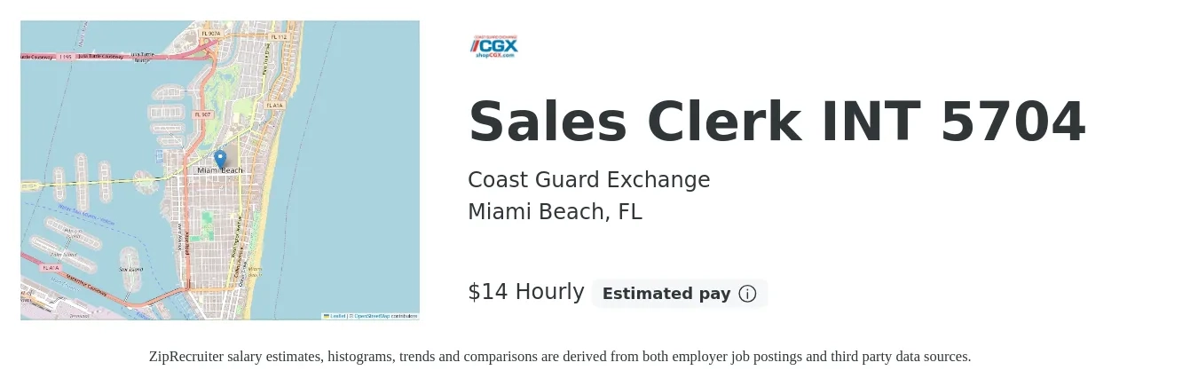 Coast Guard Exchange job posting for a Sales Clerk INT 5704 in Miami Beach, FL with a salary of $15 Hourly with a map of Miami Beach location.