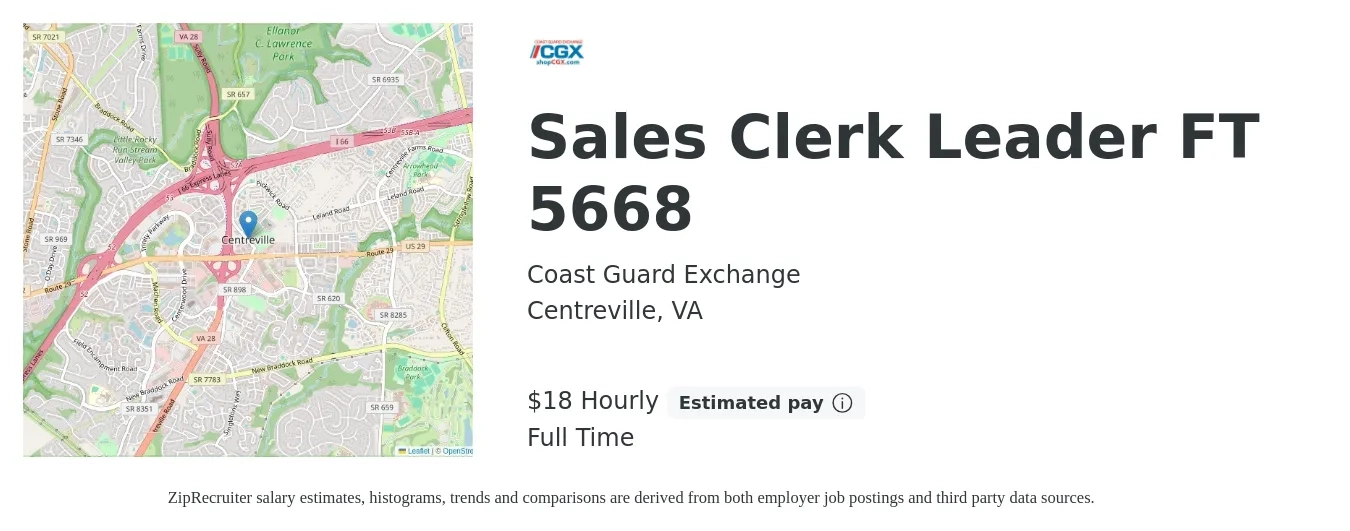 Coast Guard Exchange job posting for a Sales Clerk Leader FT 5668 in Centreville, VA with a salary of $19 Hourly with a map of Centreville location.