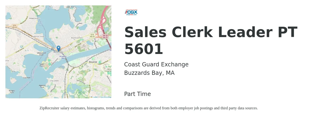 Coast Guard Exchange job posting for a Sales Clerk Leader PT 5601 in Buzzards Bay, MA with a salary of $13 to $16 Hourly with a map of Buzzards Bay location.