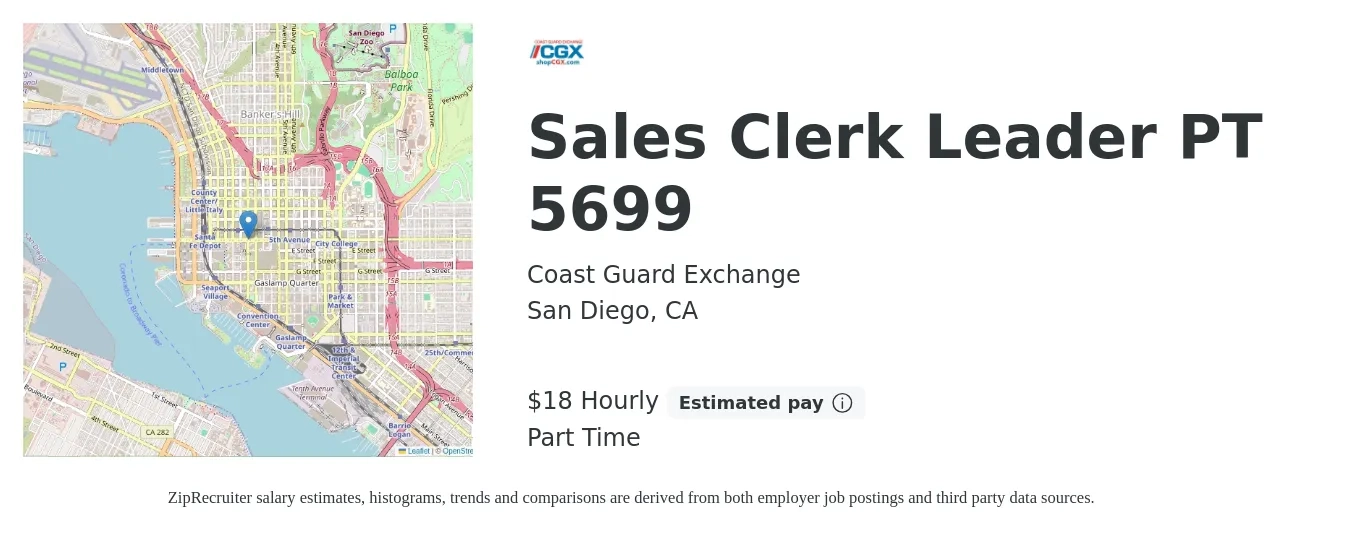 Coast Guard Exchange job posting for a Sales Clerk Leader PT 5699 in San Diego, CA with a salary of $19 Hourly with a map of San Diego location.