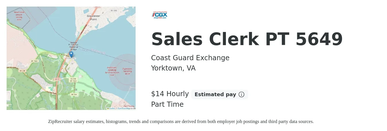 Coast Guard Exchange job posting for a Sales Clerk PT 5649 in Yorktown, VA with a salary of $15 Hourly with a map of Yorktown location.