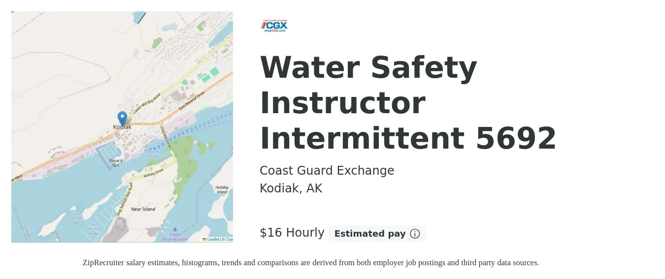 Coast Guard Exchange job posting for a Water Safety Instructor Intermittent 5692 in Kodiak, AK with a salary of $17 Hourly with a map of Kodiak location.