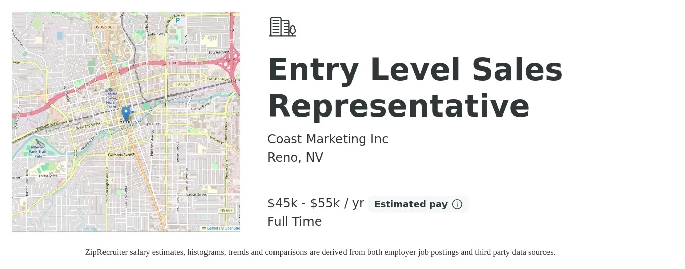 Coast Marketing Inc job posting for a Entry Level Sales Representative in Reno, NV with a salary of $45,000 to $55,000 Yearly with a map of Reno location.