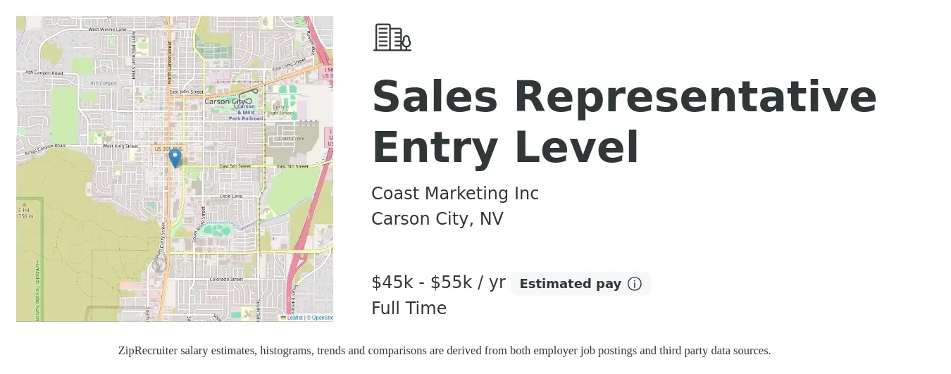 Coast Marketing Inc job posting for a Sales Representative Entry Level in Carson City, NV with a salary of $45,000 to $55,000 Yearly with a map of Carson City location.