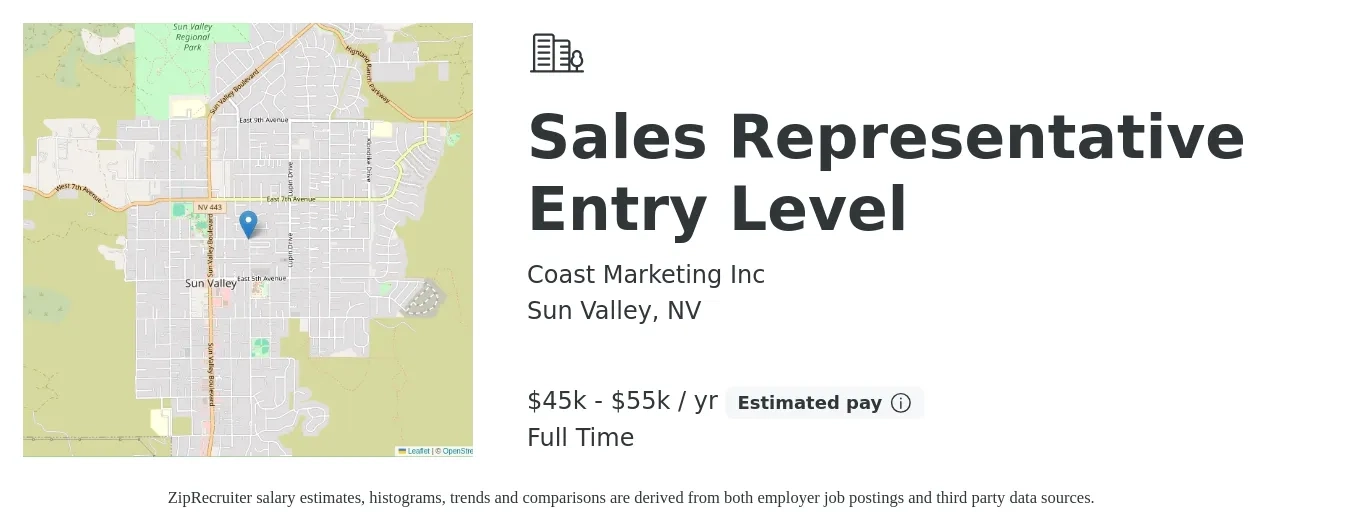 Coast Marketing Inc job posting for a Sales Representative Entry Level in Sun Valley, NV with a salary of $45,000 to $55,000 Yearly with a map of Sun Valley location.