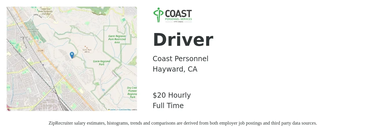Coast Personnel job posting for a Driver in Hayward, CA with a salary of $21 Hourly with a map of Hayward location.
