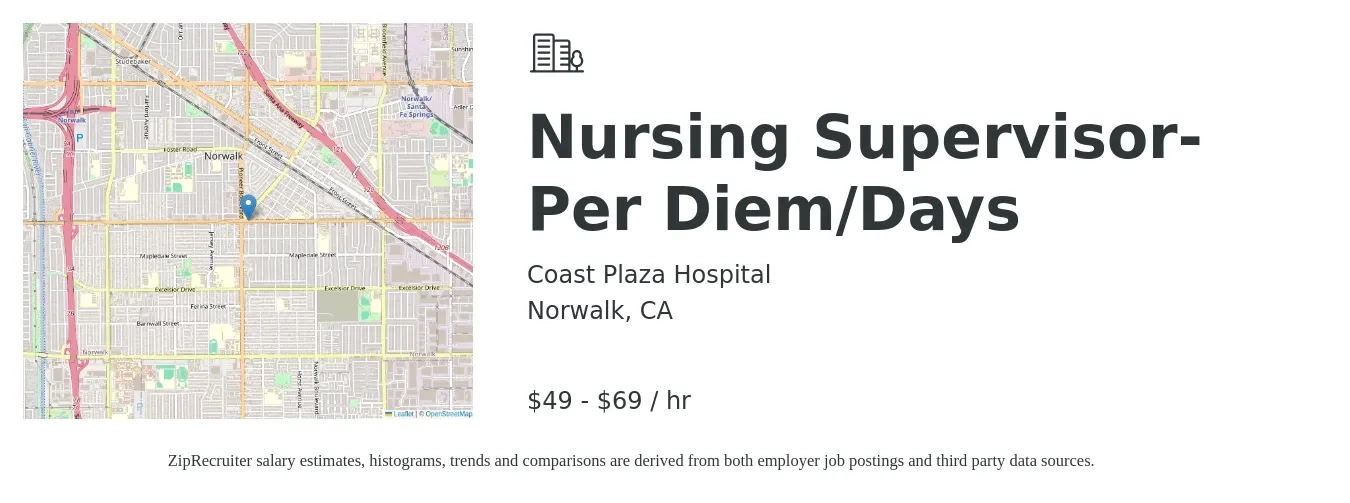 Coast Plaza Hospital job posting for a Nursing Supervisor- Per Diem/Days in Norwalk, CA with a salary of $52 to $73 Hourly with a map of Norwalk location.