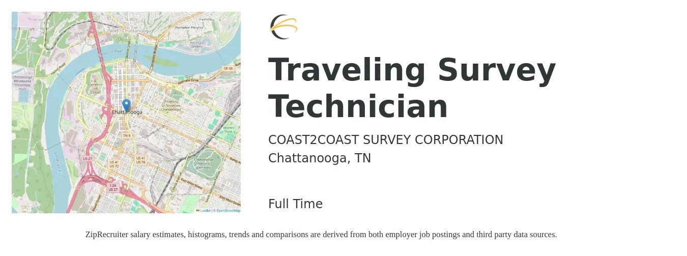 COAST2COAST SURVEY CORPORATION job posting for a Traveling Survey Technician in Chattanooga, TN with a salary of $35,500 to $53,300 Yearly with a map of Chattanooga location.