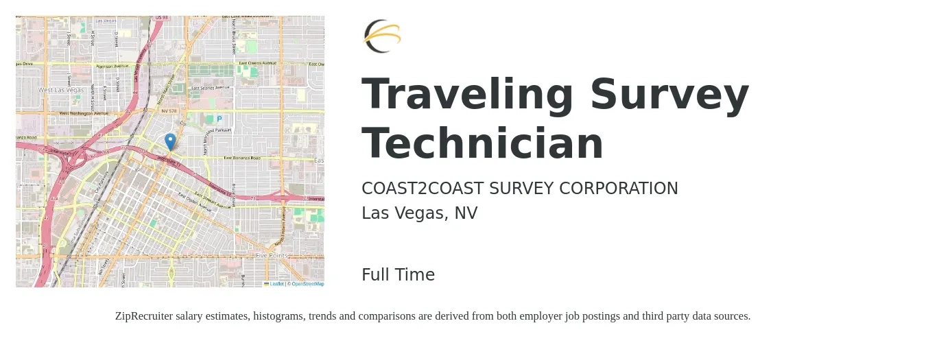 COAST2COAST SURVEY CORPORATION job posting for a Traveling Survey Technician in Las Vegas, NV with a salary of $37,200 to $55,900 Yearly with a map of Las Vegas location.