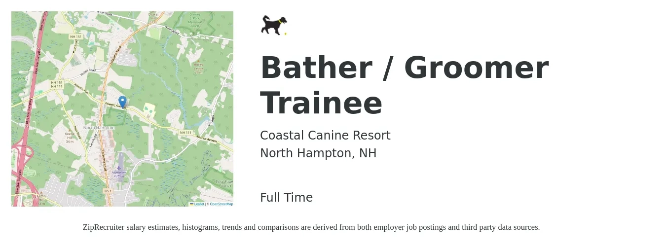 Coastal Canine Resort job posting for a Bather / Groomer Trainee in North Hampton, NH with a salary of $13 to $17 Hourly with a map of North Hampton location.