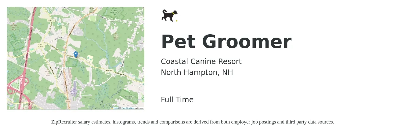 Coastal Canine Resort job posting for a Pet Groomer in North Hampton, NH with a salary of $17 to $31 Hourly with a map of North Hampton location.