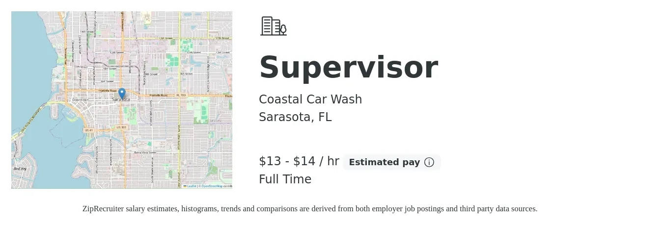 Coastal Car Wash job posting for a Supervisor in Sarasota, FL with a salary of $14 to $15 Hourly with a map of Sarasota location.