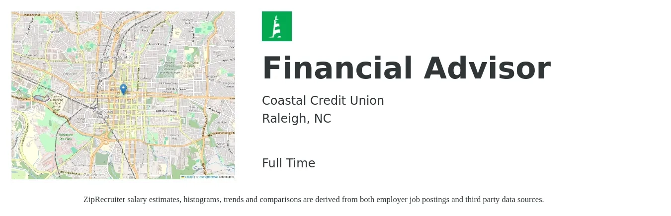 Coastal Credit Union job posting for a Financial Advisor in Raleigh, NC with a salary of $72,900 to $127,300 Yearly with a map of Raleigh location.