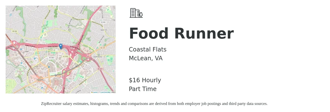 Coastal Flats job posting for a Food Runner in McLean, VA with a salary of $17 Hourly with a map of McLean location.