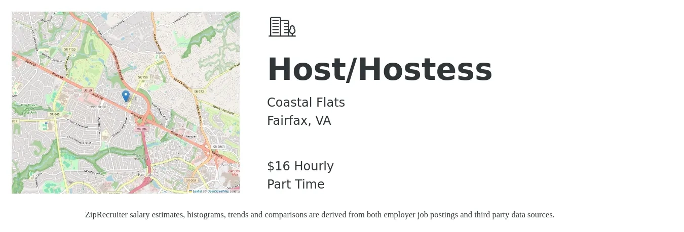 Coastal Flats job posting for a Host/Hostess in Fairfax, VA with a salary of $17 Hourly with a map of Fairfax location.