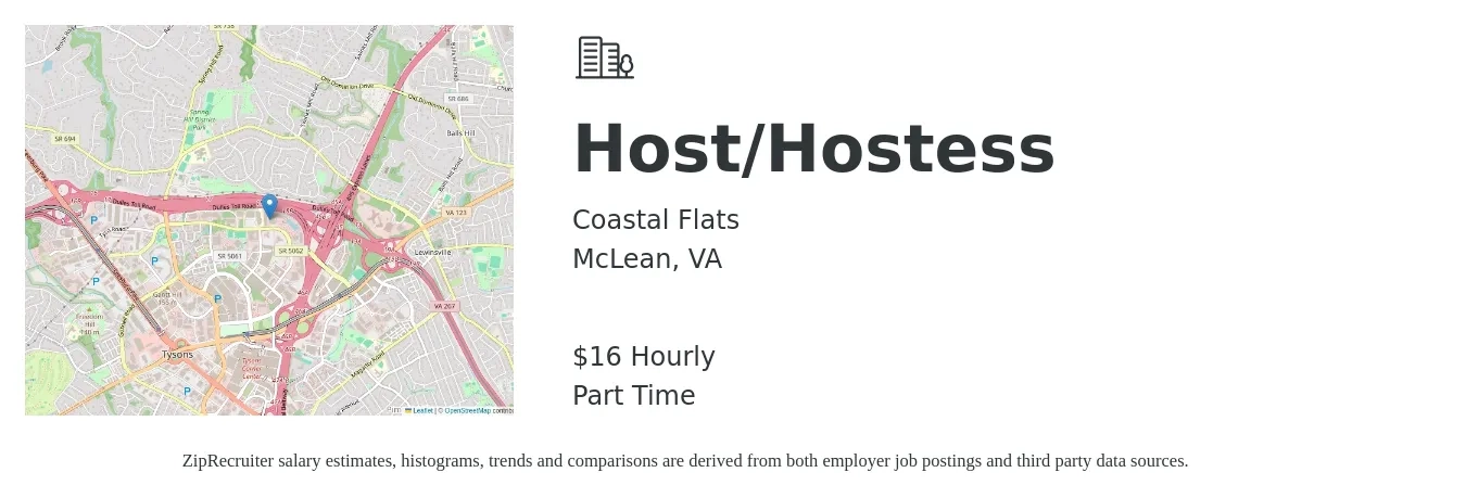 Coastal Flats job posting for a Host/Hostess in McLean, VA with a salary of $17 Hourly with a map of McLean location.