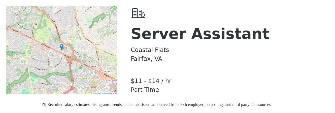 Coastal Flats job posting for a Server Assistant in Fairfax, VA with a salary of $12 to $15 Hourly with a map of Fairfax location.