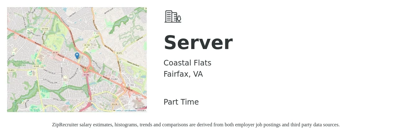 Coastal Flats job posting for a Server in Fairfax, VA with a salary of $1,000 to $1,500 Weekly with a map of Fairfax location.