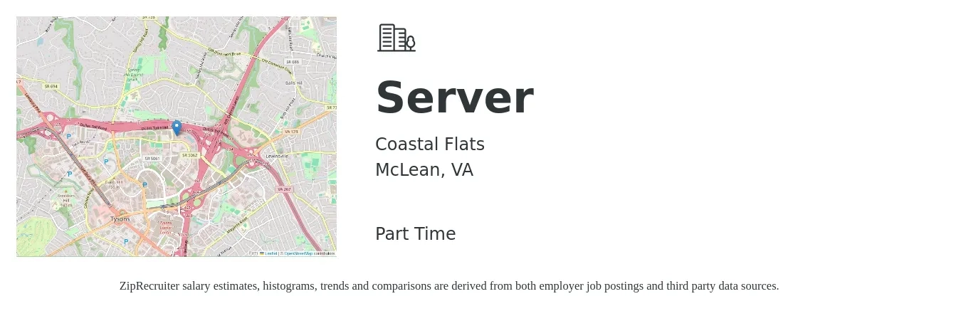 Coastal Flats job posting for a Server in McLean, VA with a salary of $1,000 to $1,500 Weekly with a map of McLean location.