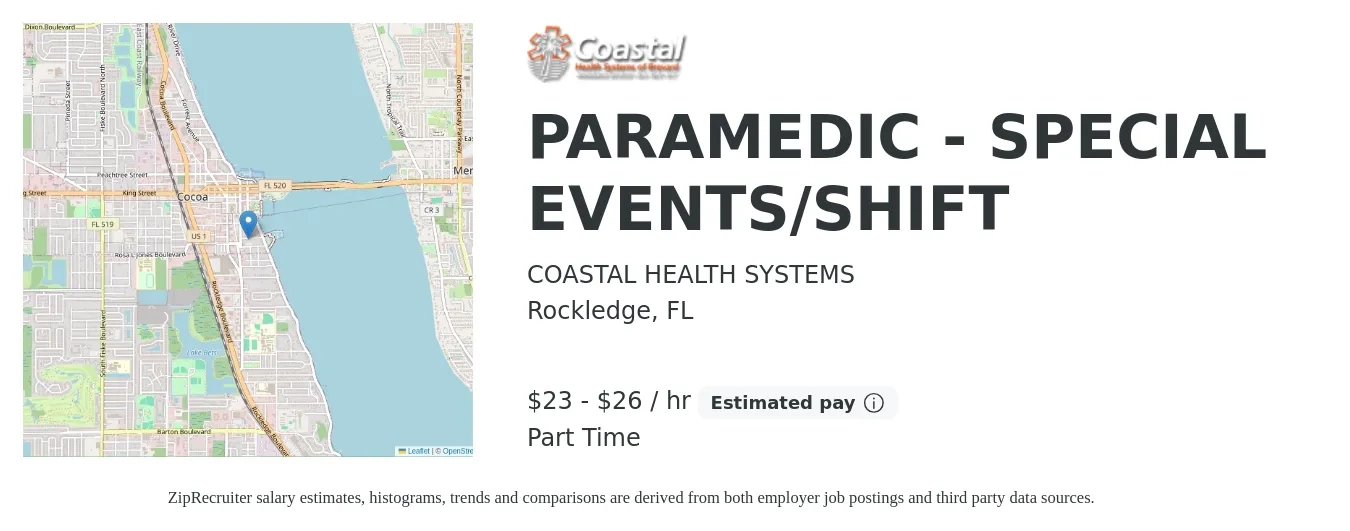 COASTAL HEALTH SYSTEMS job posting for a PARAMEDIC - SPECIAL EVENTS/SHIFT in Rockledge, FL with a salary of $25 to $27 Hourly with a map of Rockledge location.