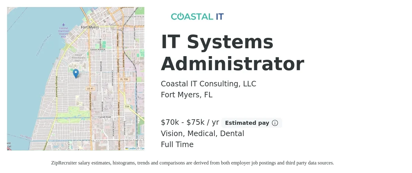Coastal IT Consulting, LLC job posting for a IT Systems Administrator in Fort Myers, FL with a salary of $70,000 to $75,000 Yearly and benefits including dental, life_insurance, medical, pto, and vision with a map of Fort Myers location.