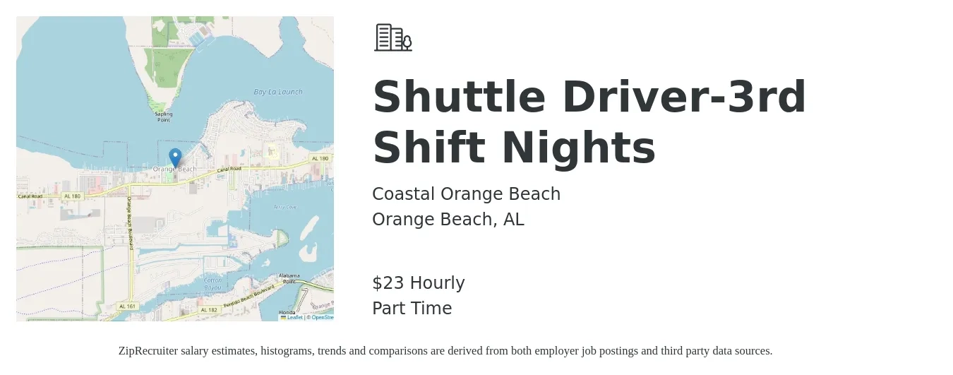 Coastal Orange Beach job posting for a Shuttle Driver-3rd Shift Nights in Orange Beach, AL with a salary of $24 Hourly with a map of Orange Beach location.