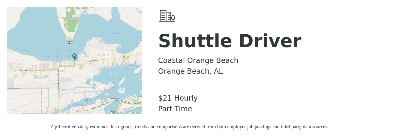 Coastal Orange Beach job posting for a Shuttle Driver in Orange Beach, AL with a salary of $22 Hourly with a map of Orange Beach location.