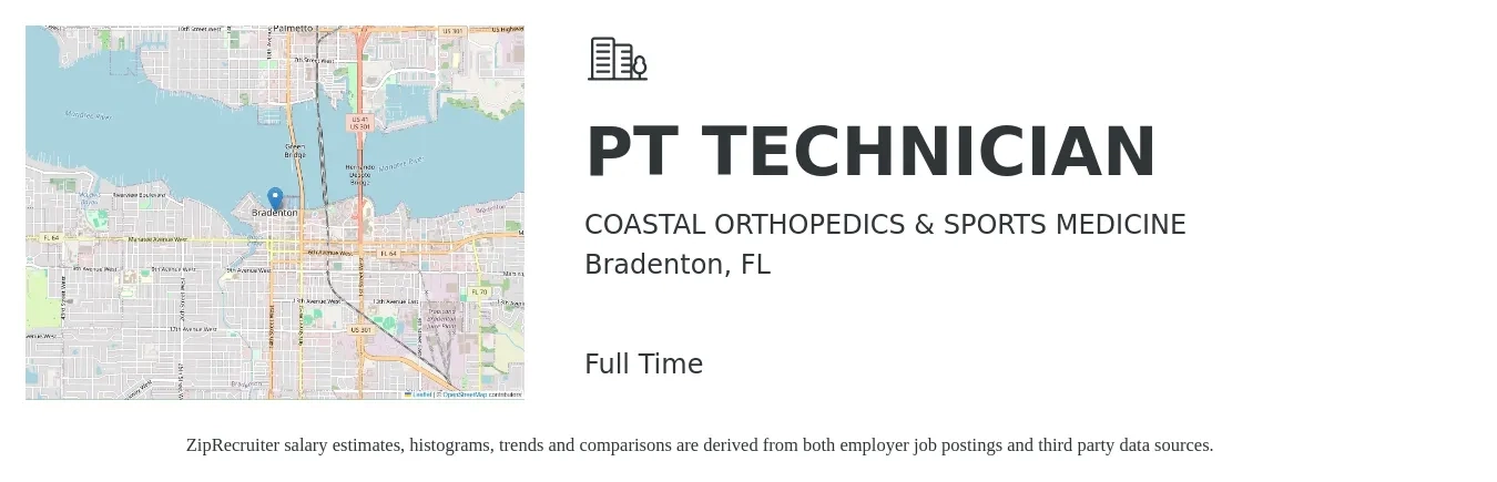 COASTAL ORTHOPEDICS & SPORTS MEDICINE job posting for a PT TECHNICIAN in Bradenton, FL with a salary of $13 to $15 Hourly with a map of Bradenton location.