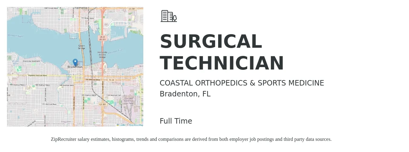 COASTAL ORTHOPEDICS & SPORTS MEDICINE job posting for a SURGICAL TECHNICIAN in Bradenton, FL with a salary of $1,390 to $2,290 Weekly with a map of Bradenton location.