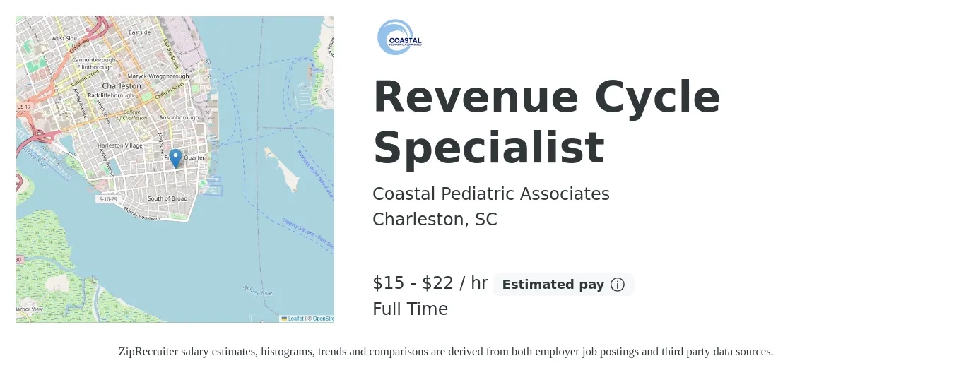 Coastal Pediatric Associates job posting for a Revenue Cycle Specialist in Charleston, SC with a salary of $16 to $23 Hourly with a map of Charleston location.