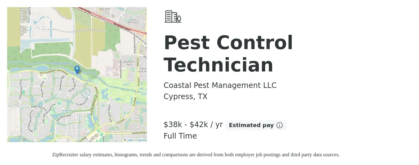 Coastal Pest Management LLC job posting for a Pest Control Technician in Cypress, TX with a salary of $38,000 to $42,000 Yearly and benefits including pto with a map of Cypress location.