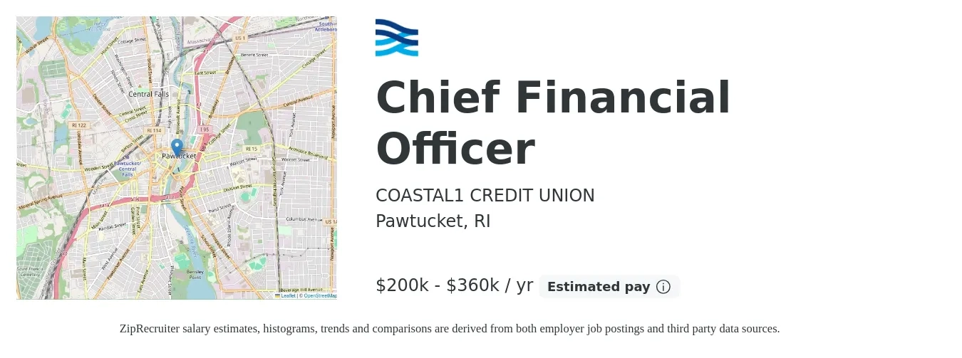 COASTAL1 CREDIT UNION job posting for a Chief Financial Officer in Pawtucket, RI with a salary of $200,000 to $360,000 Yearly with a map of Pawtucket location.