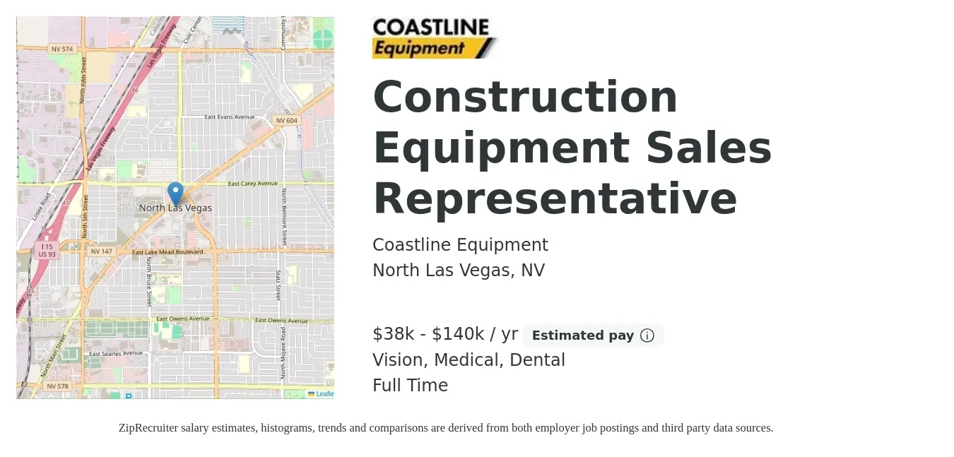 Coastline Equipment job posting for a Construction Equipment Sales Representative in North Las Vegas, NV with a salary of $38,400 to $140,000 Yearly and benefits including vision, dental, life_insurance, medical, and pto with a map of North Las Vegas location.