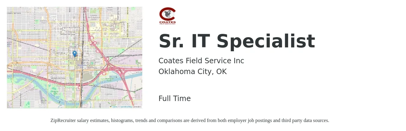Coates Field Service Inc job posting for a Sr. IT Specialist in Oklahoma City, OK with a salary of $60,900 to $94,800 Yearly with a map of Oklahoma City location.