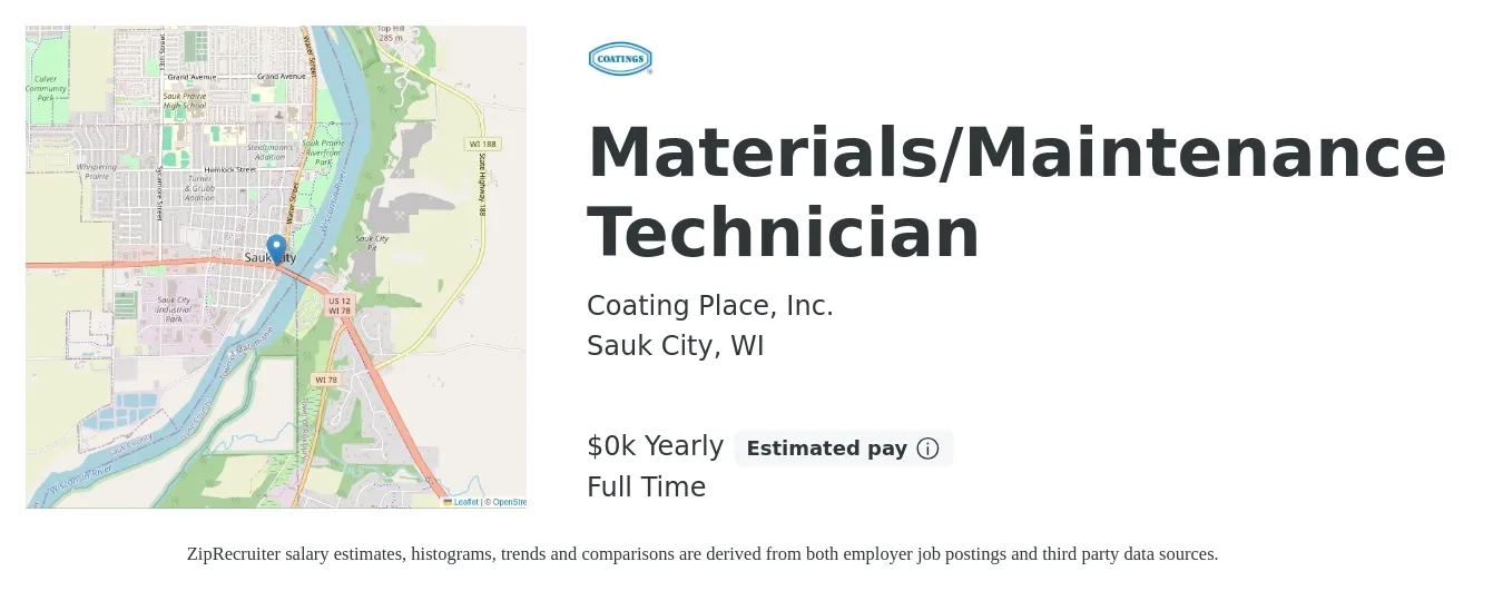 Coating Place, Inc. job posting for a Materials/Maintenance Technician in Sauk City, WI with a salary of $18 to $24 Hourly with a map of Sauk City location.