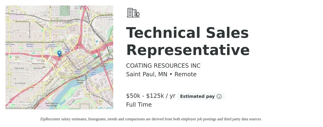 COATING RESOURCES INC job posting for a Technical Sales Representative in Saint Paul, MN with a salary of $50,000 to $125,000 Yearly with a map of Saint Paul location.