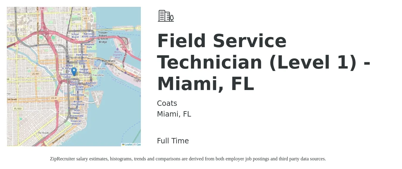 Coats job posting for a Field Service Technician (Level 1) - Miami, FL in Miami, FL with a salary of $19 to $28 Hourly with a map of Miami location.