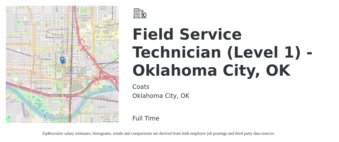 Coats job posting for a Field Service Technician (Level 1) - Oklahoma City, OK in Oklahoma City, OK with a salary of $18 to $28 Hourly with a map of Oklahoma City location.