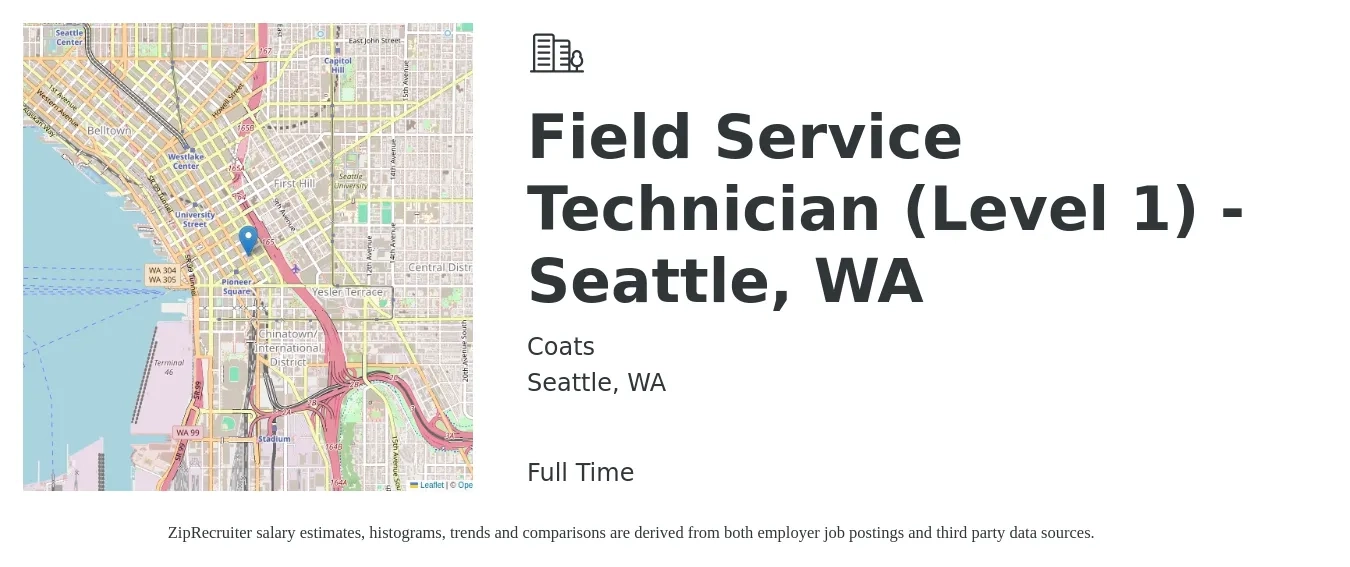 Coats job posting for a Field Service Technician (Level 1) - Seattle, WA in Seattle, WA with a salary of $23 to $34 Hourly with a map of Seattle location.