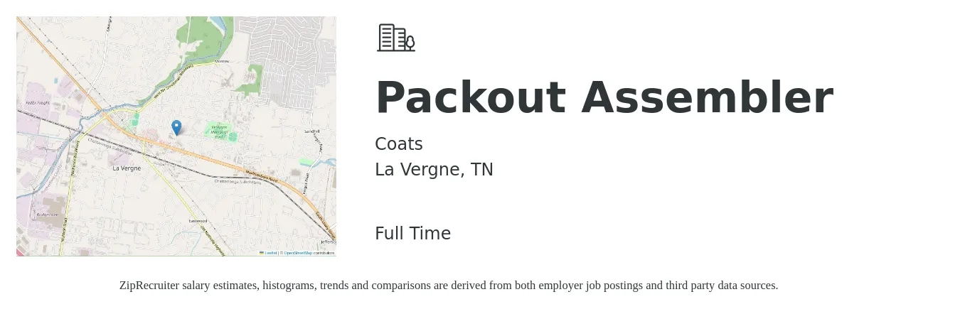 Coats job posting for a Packout Assembler in La Vergne, TN with a salary of $19 Hourly with a map of La Vergne location.