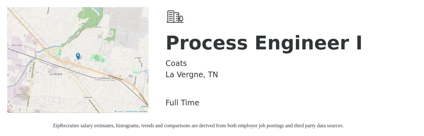 Coats job posting for a Process Engineer I in La Vergne, TN with a salary of $70,800 to $97,900 Yearly with a map of La Vergne location.