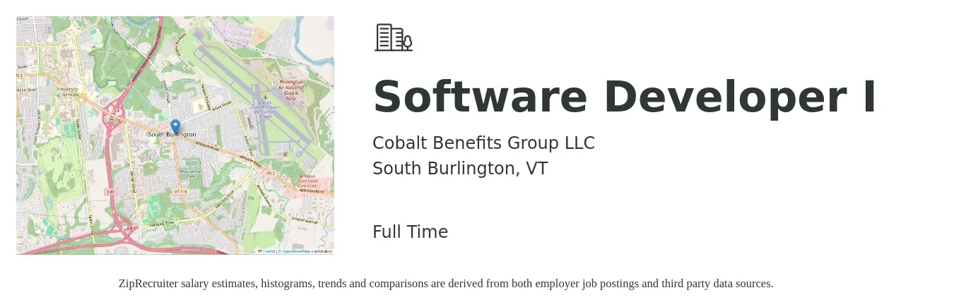 Cobalt Benefits Group LLC job posting for a Software Developer I in South Burlington, VT with a salary of $90,300 to $130,500 Yearly with a map of South Burlington location.