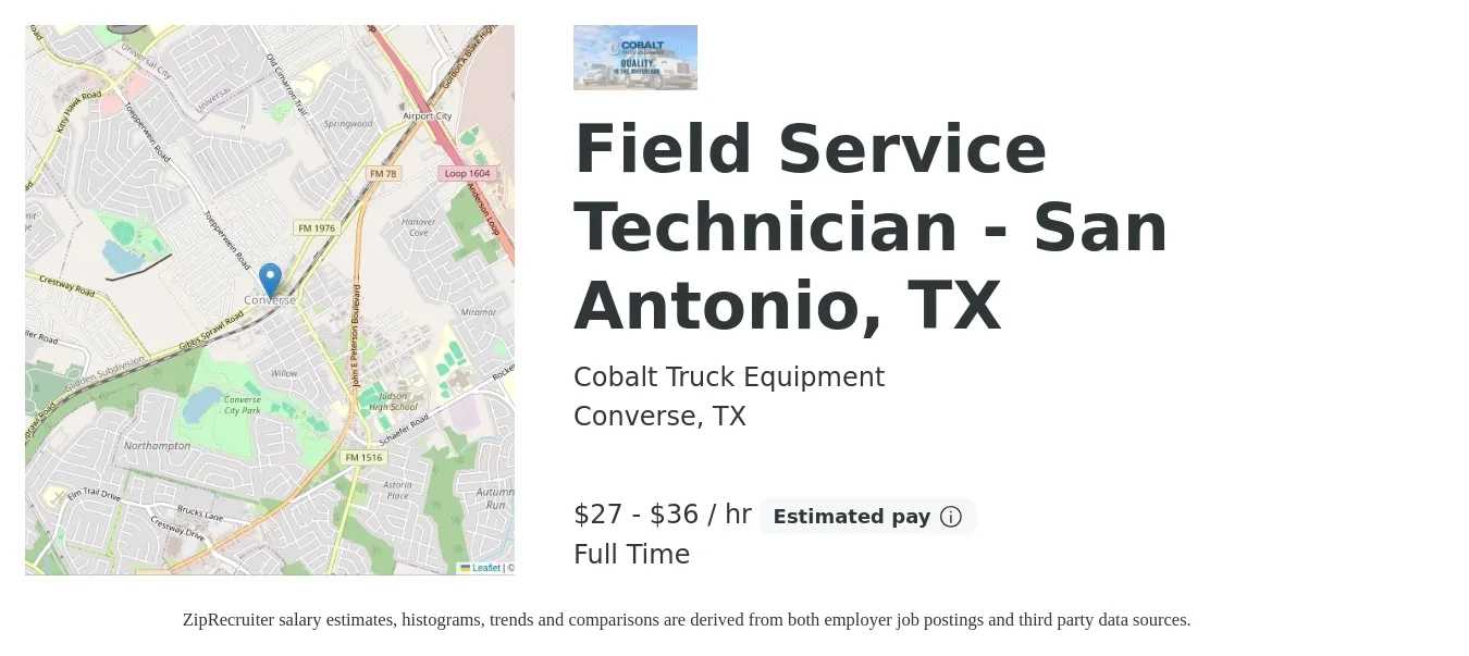Cobalt Truck Equipment job posting for a Field Service Technician - San Antonio, TX in Converse, TX with a salary of $29 to $38 Hourly with a map of Converse location.