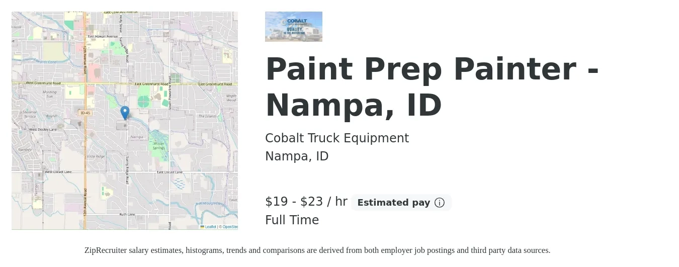 Cobalt Truck Equipment job posting for a Paint Prep Painter - Nampa, ID in Nampa, ID with a salary of $20 to $24 Hourly with a map of Nampa location.